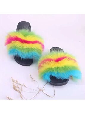 Colorful Faux Fur Slide Sandals - Green Multi